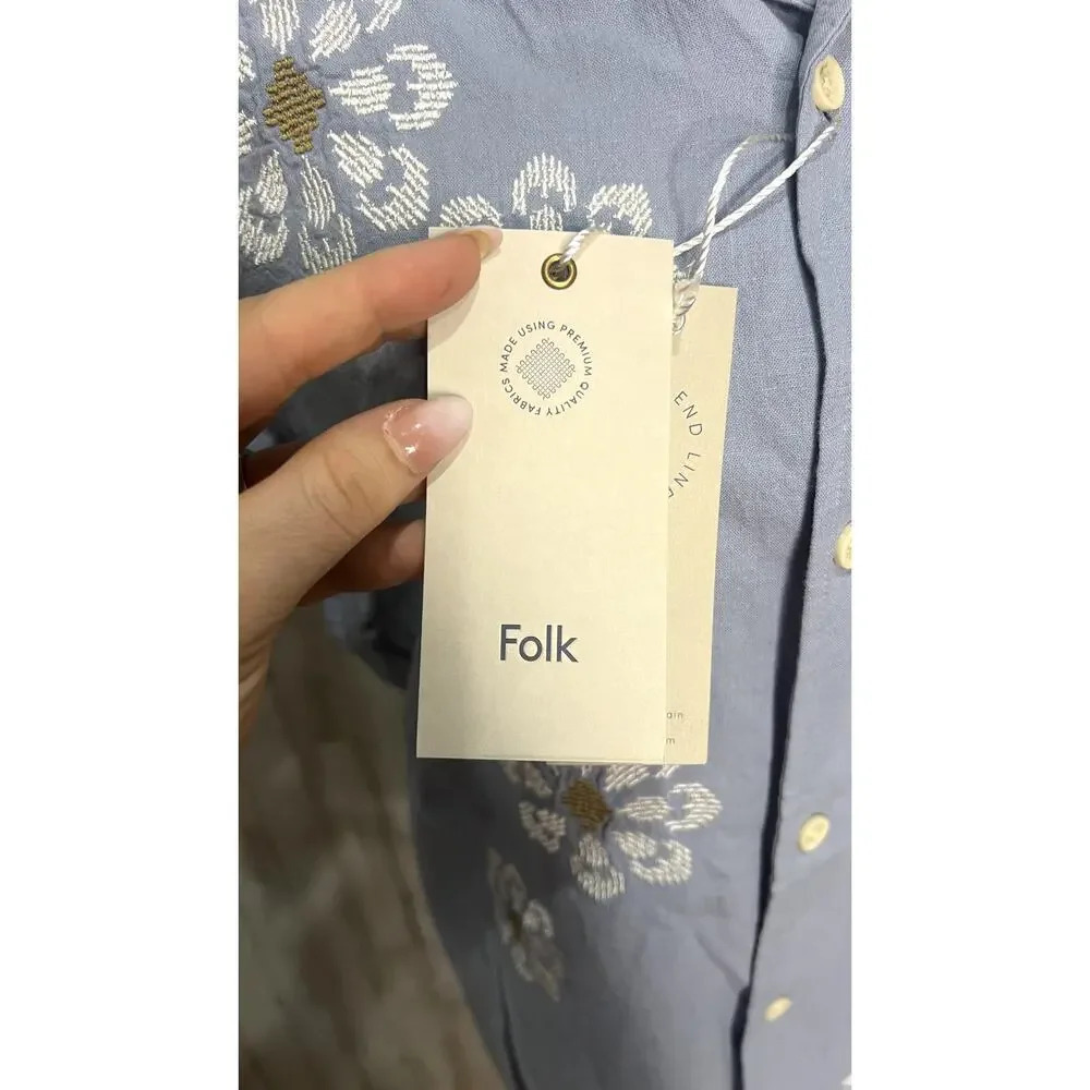 NWT Folk Mens Medium Blue Floral Embroidered Kota Short Sleeve Button-Down Shirt - Picture 3 of 6